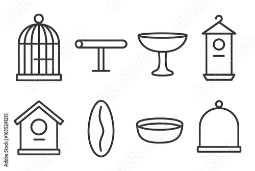 Linear pet supplies icon set featuring cage, perch, bowl, birdhouse, and feeder symbols