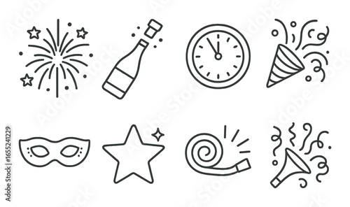 Linear new year icon set featuring fireworks, champagne, clock, confetti, mask, star, party horn, and megaphone