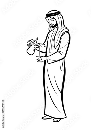 Arab man gracefully pouring coffee from a traditional pot in cultural attire
