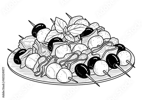 antipasto skewers platter, assorted appetizers platter with skewers and fresh ingredients for social gatherings