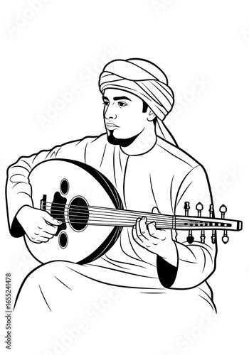 Arab man playing oud with passion in traditional attire