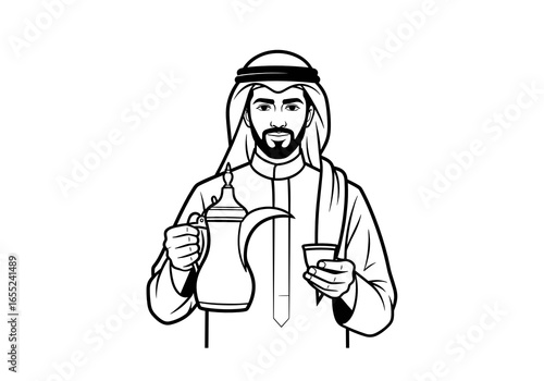 Arab man serving coffee with hospitality in traditional clothing