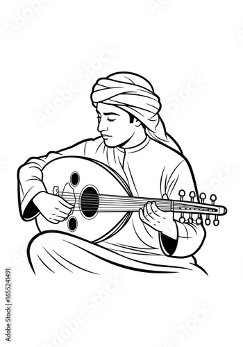 Young Arab man playing oud with concentration in traditional clothing