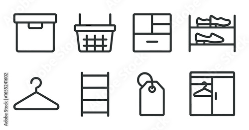 Linear wardrobe icon set featuring storage box, basket, shelves, hanger, ladder, tag, shoes, closet
