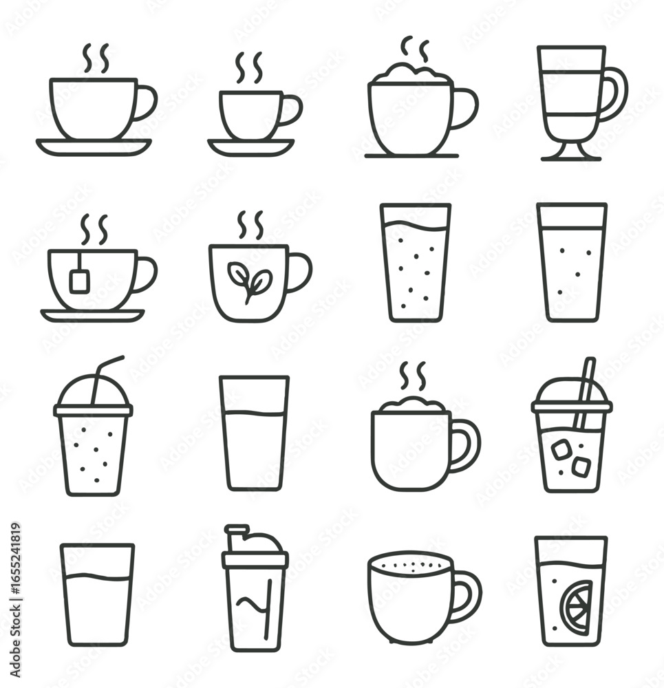 Linear beverage icon set featuring coffee, tea, smoothie, juice, milk, cocktail, and soda symbols Linear beverage icon set featuring coffee, tea, smoothie, juice, milk, cocktail, and soda symbols