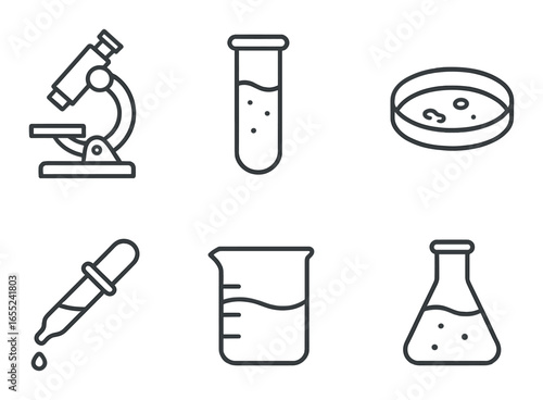 Silhouette science icon set with microscope, test tube, petri dish, pipette, beaker, and flask
