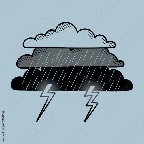 Illustration of Layered Storm Clouds with Rain and Lightning for Weather or Climate Concepts