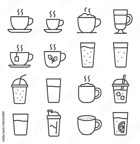 Linear beverage icon set featuring coffee, tea, smoothie, juice, milk, cocktail, and soda symbols