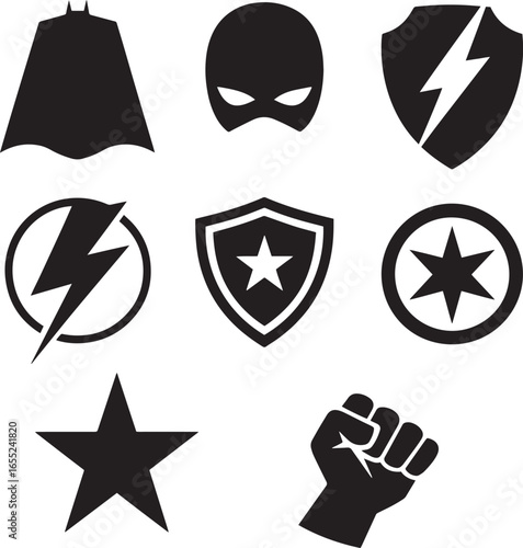 Superhero emblems cape mask shield star lightning fist vector