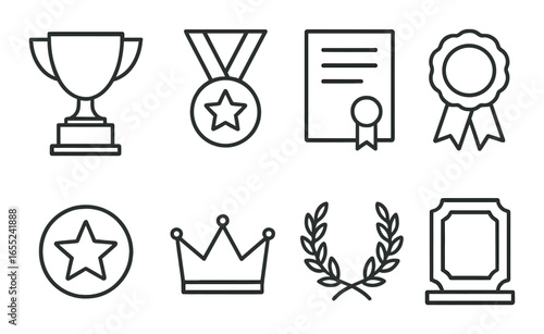Linear awards icon set featuring trophy, medal, certificate, badge, star, crown, laurel, and plaque symbols