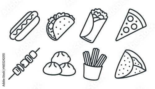 Silhouette food icon set featuring hotdog, taco, wrap, pizza, kebab, dumplings, fries, nachos