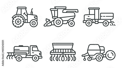 Silhouette farming icon set featuring tractor, harvester, trailer, tanker, cultivator, and baler designs
