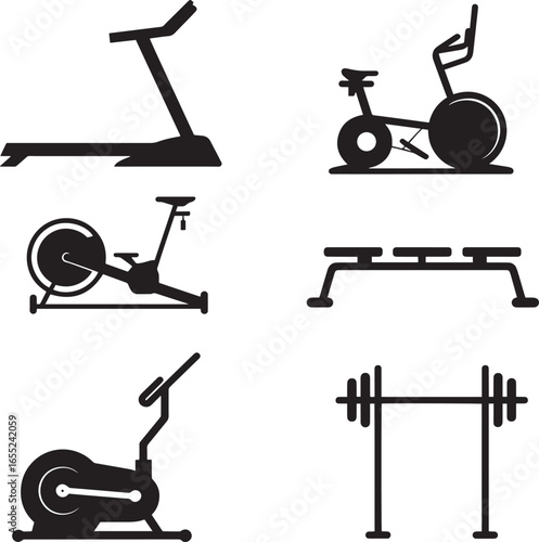 Treadmill elliptical stationary bike weight bench barbell vector