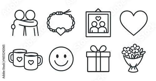 Linear love and friendship icons set: hugging, bracelet, photo frame, heart, mugs, smiley, gift, flowers