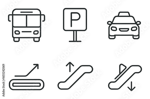 Linear transportation icon set featuring bus, parking, taxi, escalator up, escalator down symbols