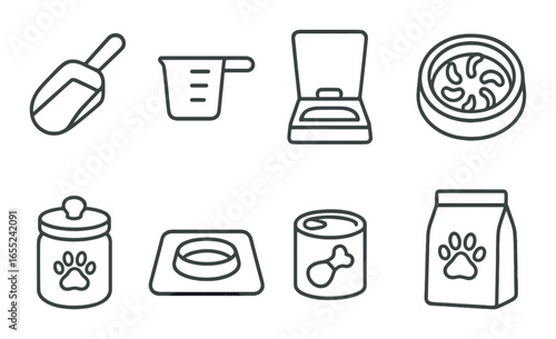 Silhouette pet supply icon set featuring food, can, bowl, blender, litter, and measuring cup
