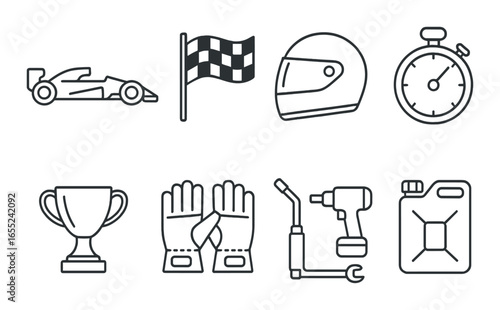 Silhouette racing icon set featuring car, flag, helmet, stopwatch, trophy, gloves, drill, and fuel