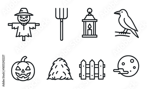 Silhouette autumn icon set featuring scarecrow, pitchfork, lantern, crow, pumpkin, hay bale, fence, and palette
