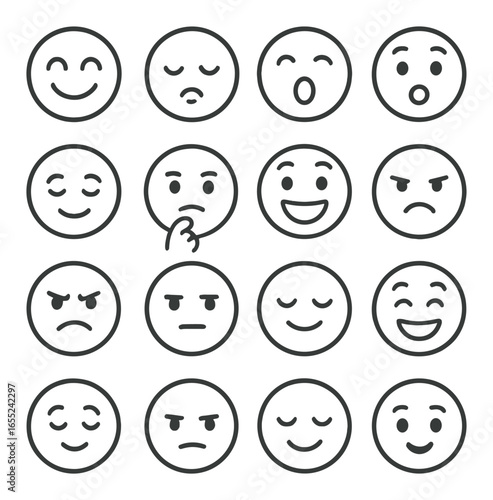 Linear emoji icon set featuring smile, frown, sleepy, surprise, thinking, grin, angry, content, and neutral faces