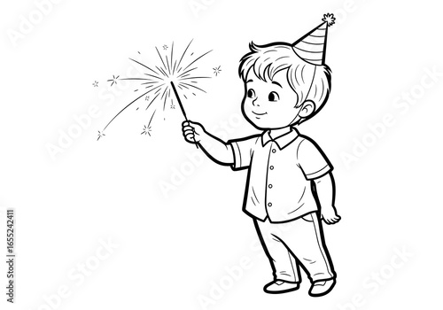 Young boy in a party hat holding a sparkler and smiling happily