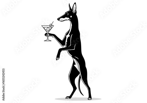 Black dog standing on hind legs holding a cocktail in a playful manner