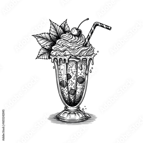 Delightful Illustrated Drink A Detailed Black and White Illustration of a Dessert Beverage