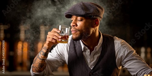 A black man bootlegger is distilling whiskey in a liquor distillery