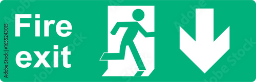 Green and white vector graphic of a fire exit sign. It consists of an arrow pointing down  indicating the direction of escape a person in a firedoor and a label with the text Fire Exit.