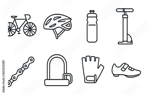 Linear cycling icon set featuring bicycle, helmet, water bottle, pump, chain, lock, gloves, and shoes