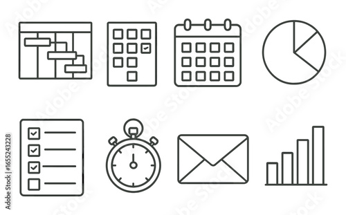 Linear planning and management icon set featuring gantt chart, checklist, calendar, pie chart, stopwatch, email, and graph symbols