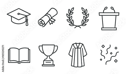 Linear education icons set featuring graduation cap, diploma, laurel, podium, book, trophy, gown, confetti