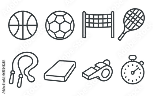 Silhouette sports icon set featuring basketball, soccer, volleyball, tennis, jump rope, mat, whistle, and stopwatch