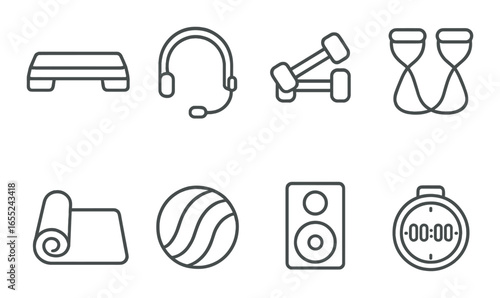 Linear fitness icon set featuring step platform, headset, dumbbells, jump rope, mat, ball, speaker, and timer symbols