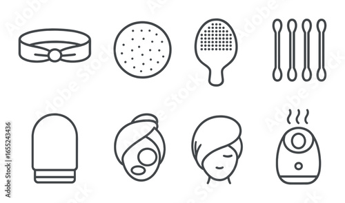 Linear beauty icons set featuring headband, exfoliator, brush, cotton swabs, mitten, mask, headwrap, steamer