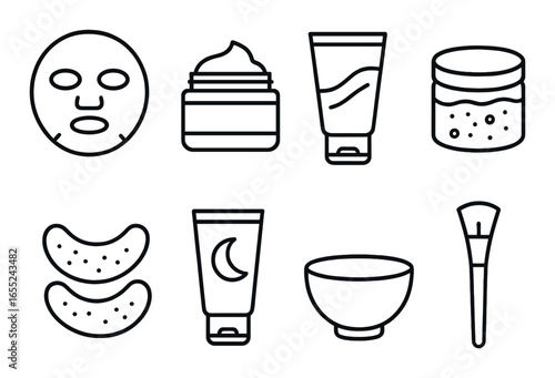 Linear skincare icons set featuring mask, cream, lotion, scrub, eye patches, night cream, bowl, brush