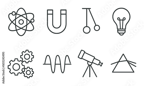 Linear science icon set featuring atom, magnet, pendulum, light bulb, gears, wave, telescope, and prism symbols