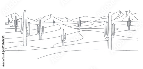 Detailed line art drawing depicting a classic desert scene with majestic saguaro cacti dotting the undulating terrain, silhouetted against a backdrop of distant mountains under a vast, open sky.