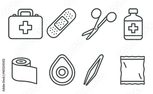 Silhouette medical icon set featuring first aid, bandage, scissors, medicine, gauze, stethoscope, forceps