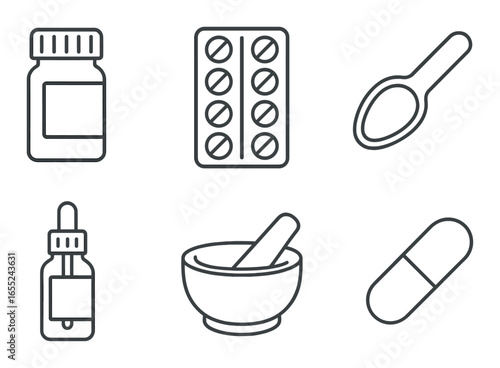 Silhouette pharmacy icon set featuring bottle, tablets, spoon, dropper, bowl, and capsule symbols
