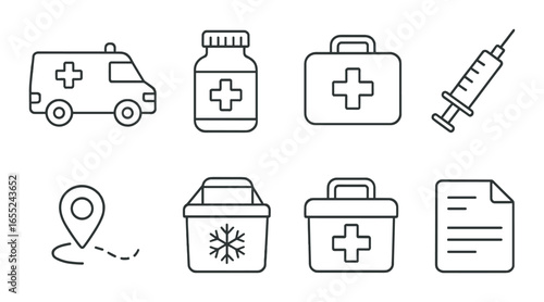 Linear medical icon set featuring ambulance, medication, syringe, map, cooler, and document symbols