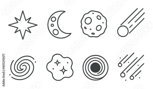 Silhouette space icon set featuring star, moon, asteroid, comet, galaxy, nebula, black hole, meteor symbols