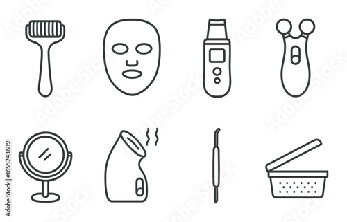 Silhouette beauty icon set featuring brush, mask, cleaner, roller, mirror, steamer, extractor, storage