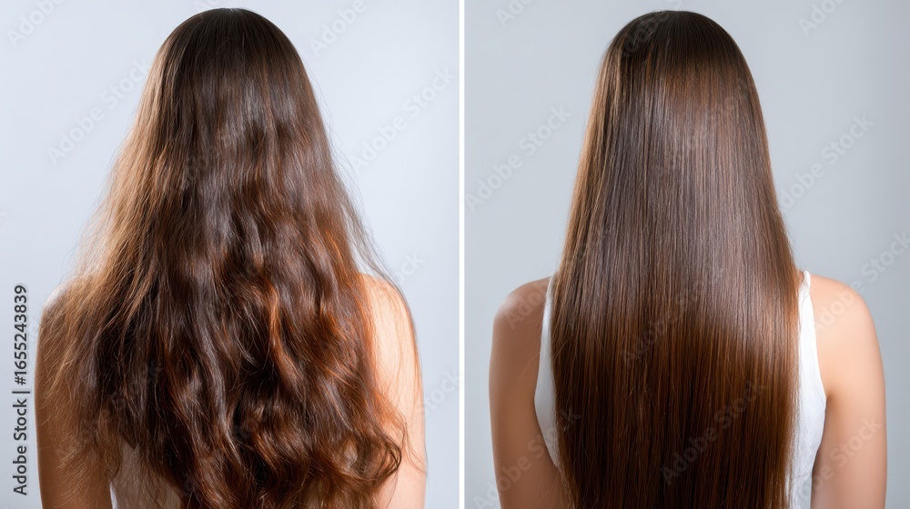 Fototapeta premium Before and after hair comparison with batana oil treatment, showing transformation from dry frizz to smooth glossy strands.