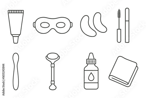 Silhouette skincare icon set featuring cream, mask, patches, mascara, roller, serum, and towel items