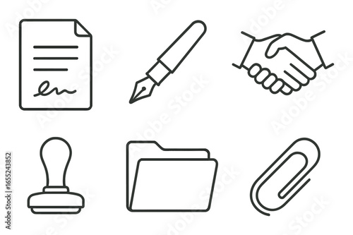 Linear business icon set featuring contract, pen, handshake, stamp, folder, and paperclip symbols