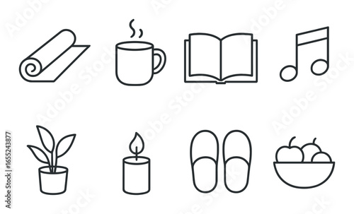 Silhouette relaxation icon set featuring yoga, tea, book, music, plant, candle, slippers, and fruit symbols