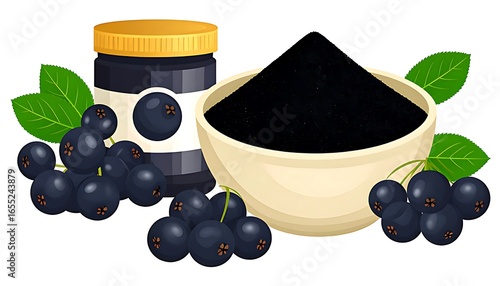 Fresh aronia berries and aronia powder in a bowl.