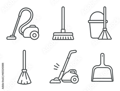 Silhouette cleaning icon set featuring vacuum, mop, bucket, broom, floor scrubber, and dustpan symbols