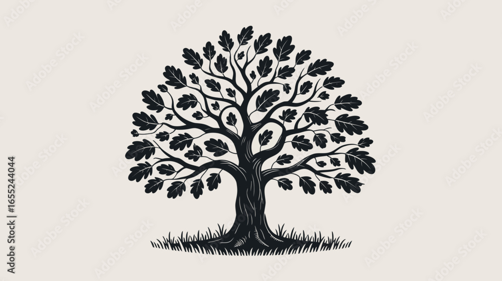 Fototapeta premium A black and white tree illustration with leaves branches trunk nature forest botanical plant drawing art design