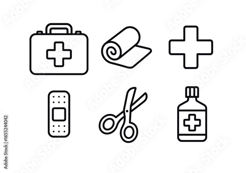 Linear medical icons set featuring first aid kit, bandage, cross, scissors, gauze, and medicine bottle